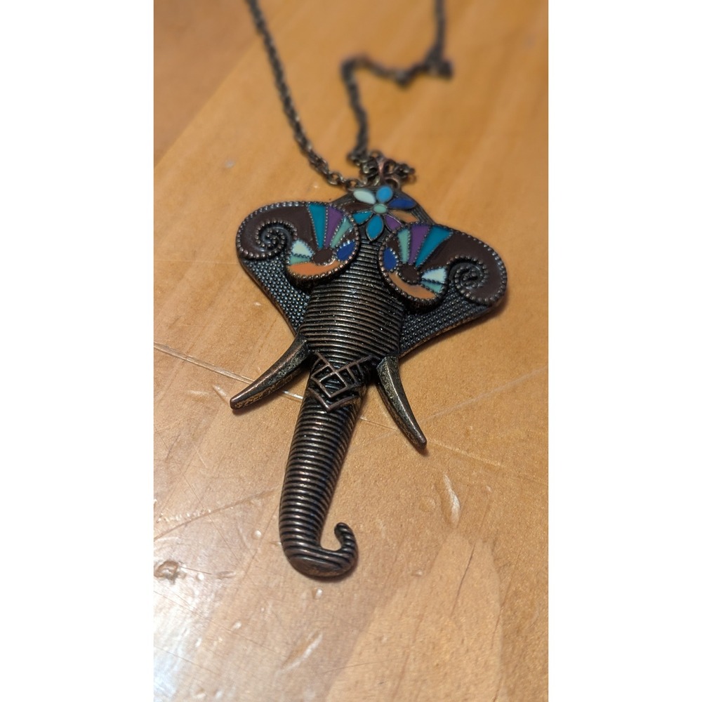 Antique Bronze‎ Elephant Head Enamel Pendant Necklace Boho Statement Teal Purple